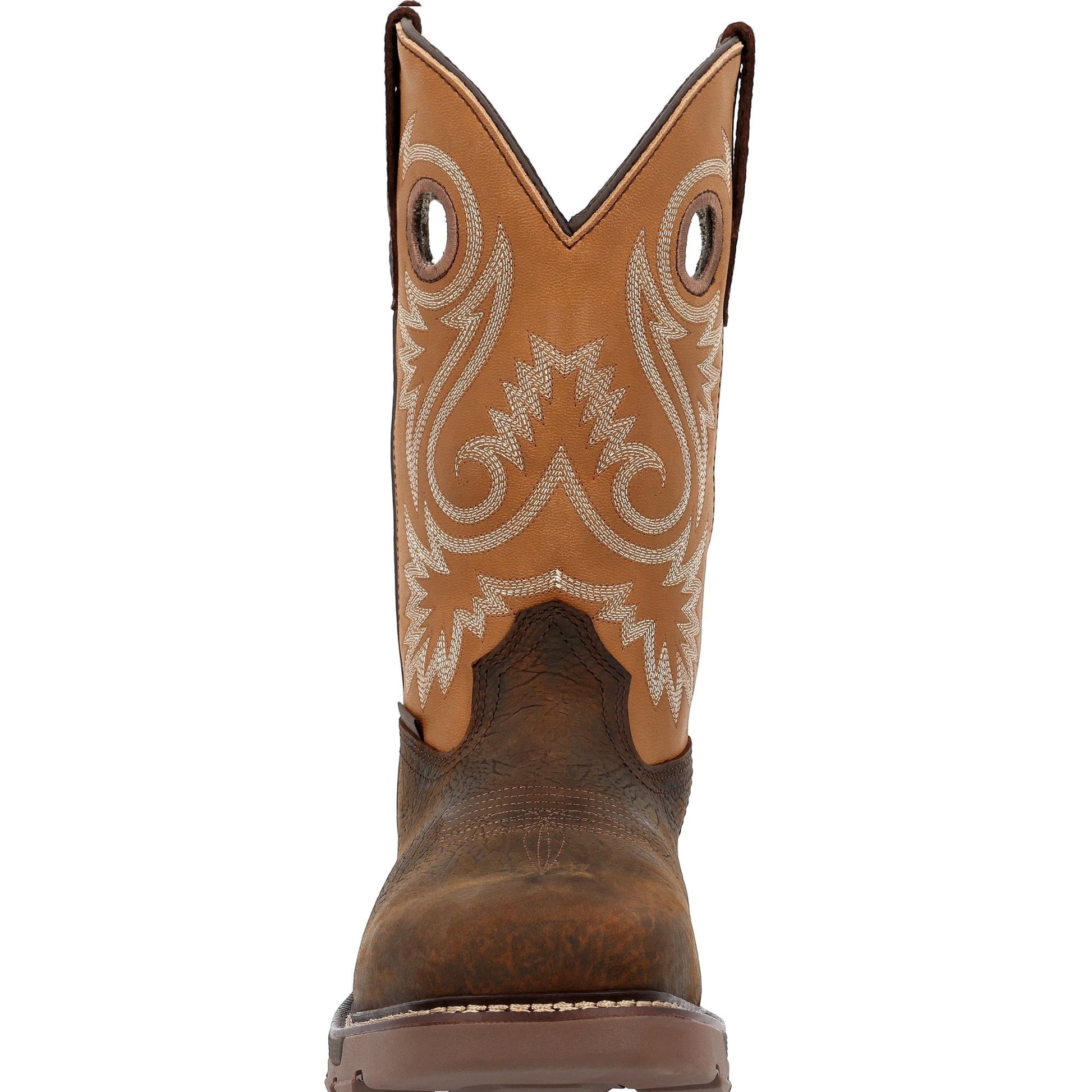 Allen's Bootery Carbo-Tec FLX brown and rust leather waterproof alloy toe western work boot with decorative stitching.