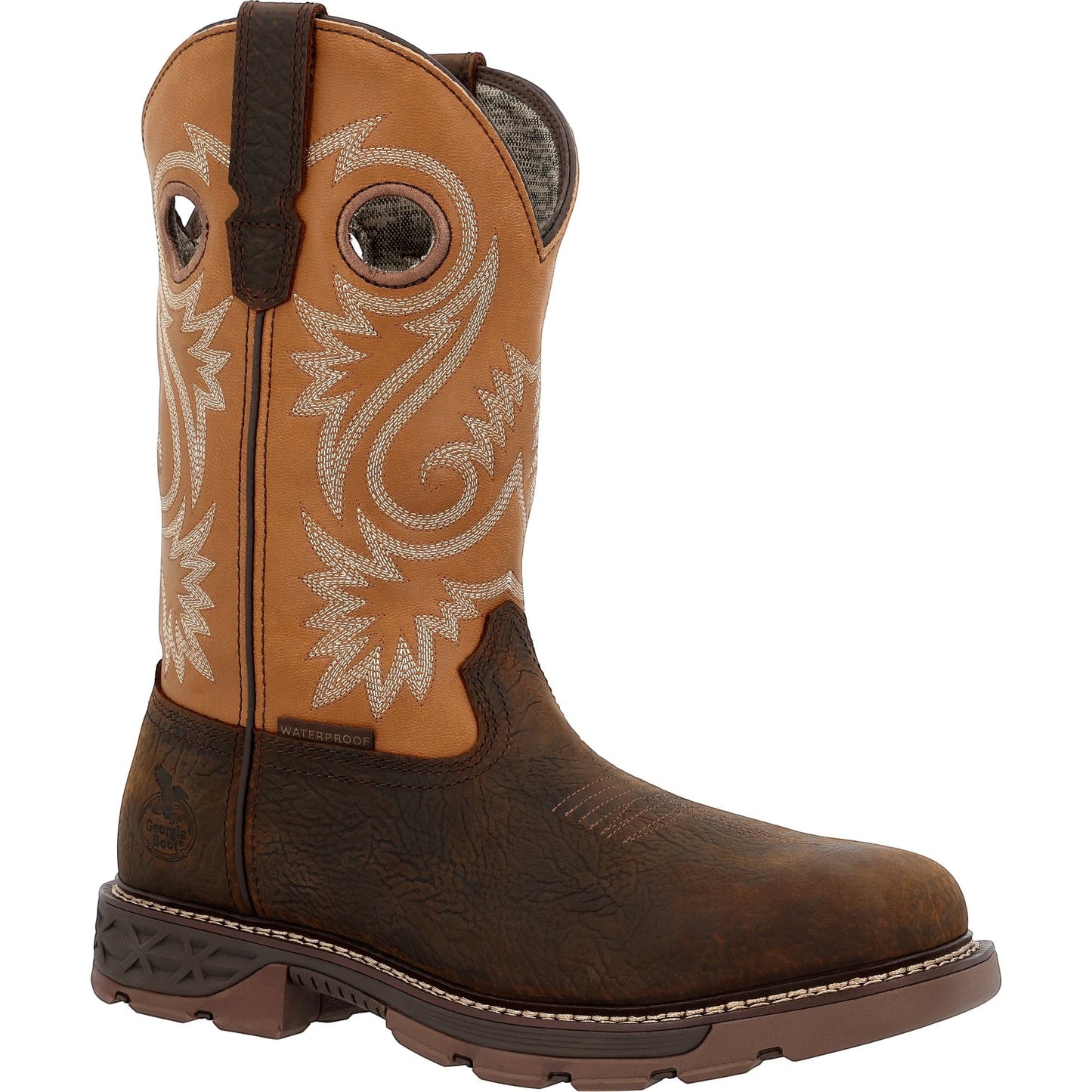 Allen's Bootery Carbo-Tec FLX waterproof alloy toe western work boot in brown and tan full-grain leather.