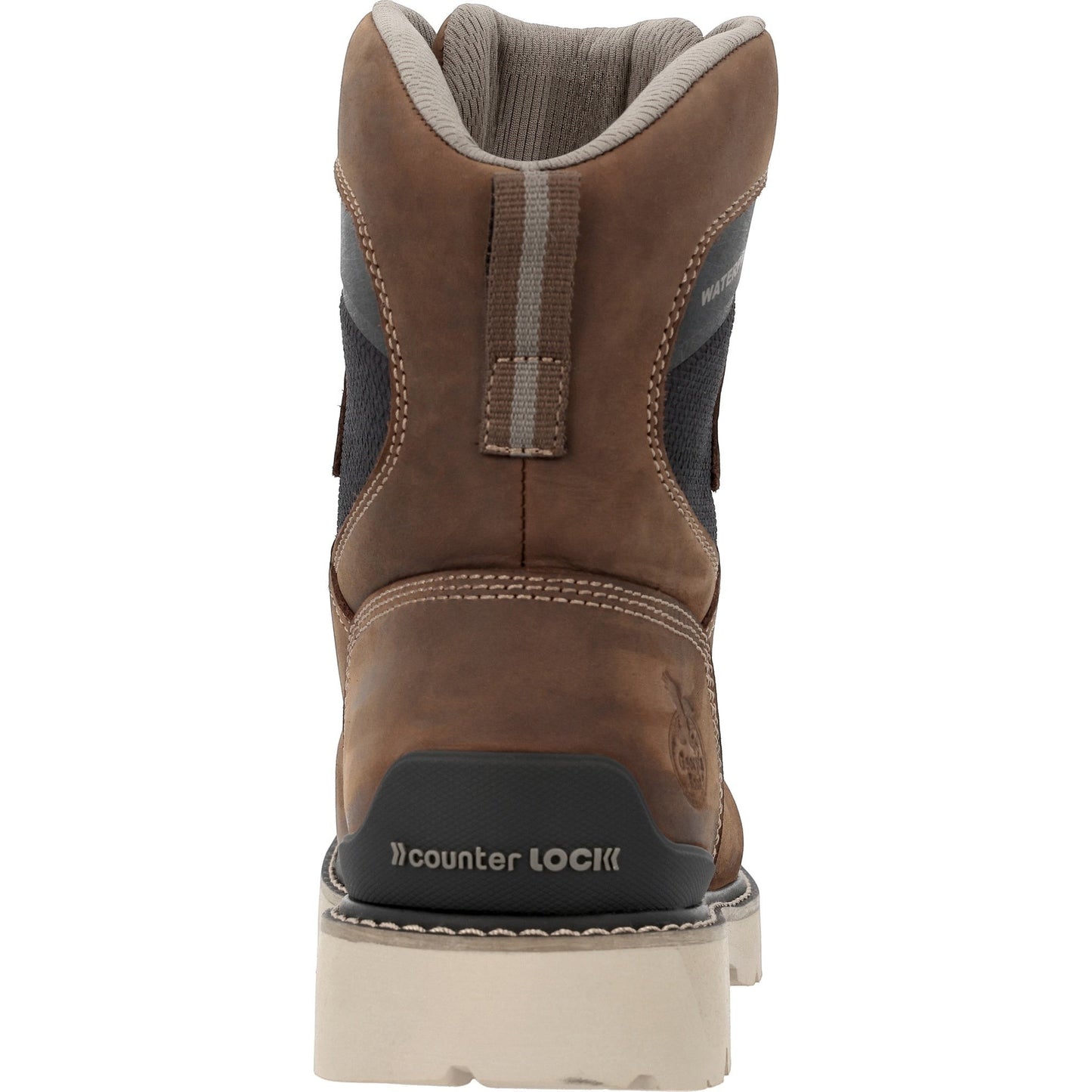 Allen's Bootery Georgia Boot Carbon Flex 8-inch work boot, back view showing brown leather, heel stabilizer, and sole.