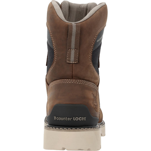 Allen's Bootery Georgia Boot Carbon Flex 8-inch work boot, back view showing brown leather, heel stabilizer, and sole.