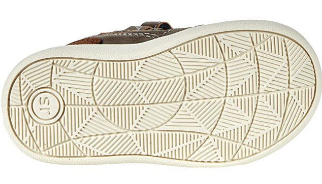 Allen's Bootery Cedric brown toddler boots showing the textured white rubber outsole with geometric grip pattern