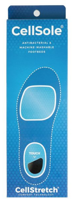 Allen's Bootery CellSole antibacterial and machine-washable comfort footbed in blue packaging