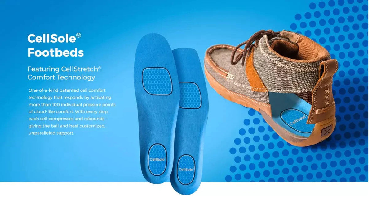 Allen's Bootery CellSole blue cushioned footbeds with pressure point technology shown next to a casual brown boot
