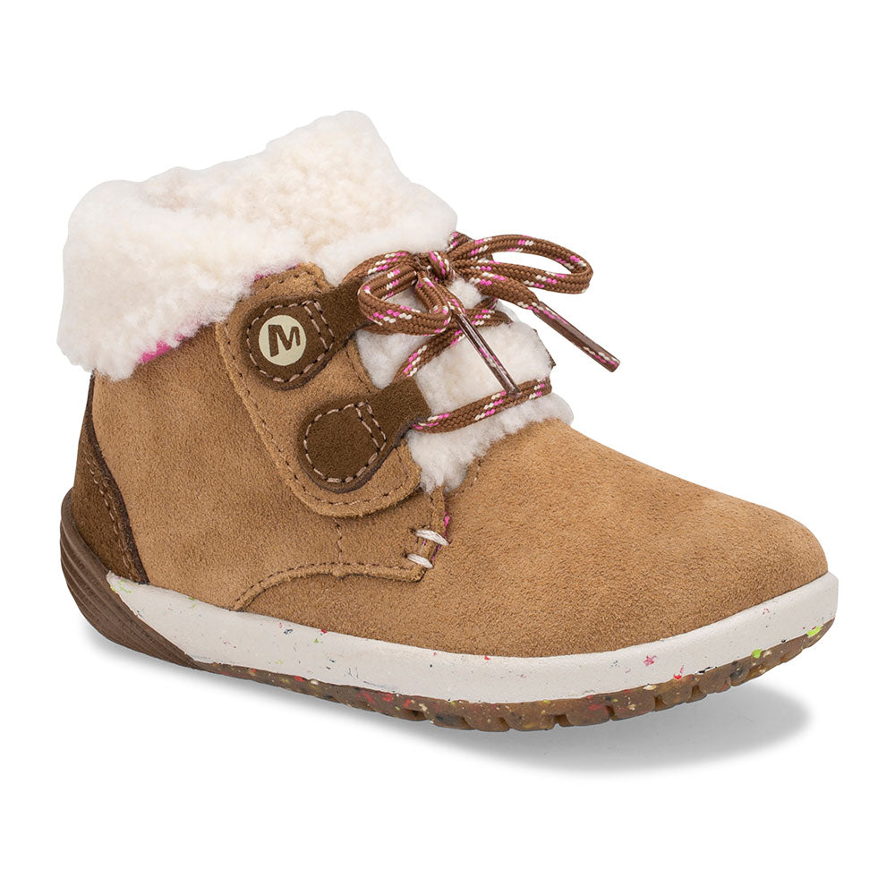 Allen's Bootery infant chestnut suede boot with white faux fur lining, adjustable laces, and flexible rubber outsole.