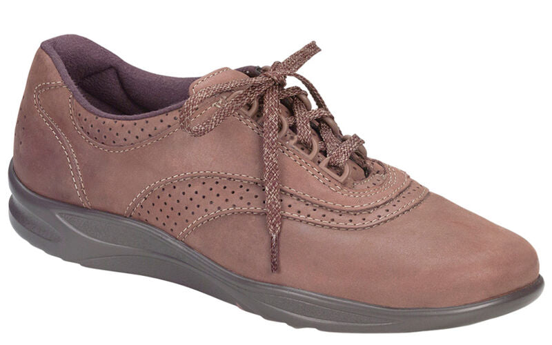 Allen's Bootery Walk Easy chocolate brown leather walking shoe with lace-up closure and perforated side detailing.