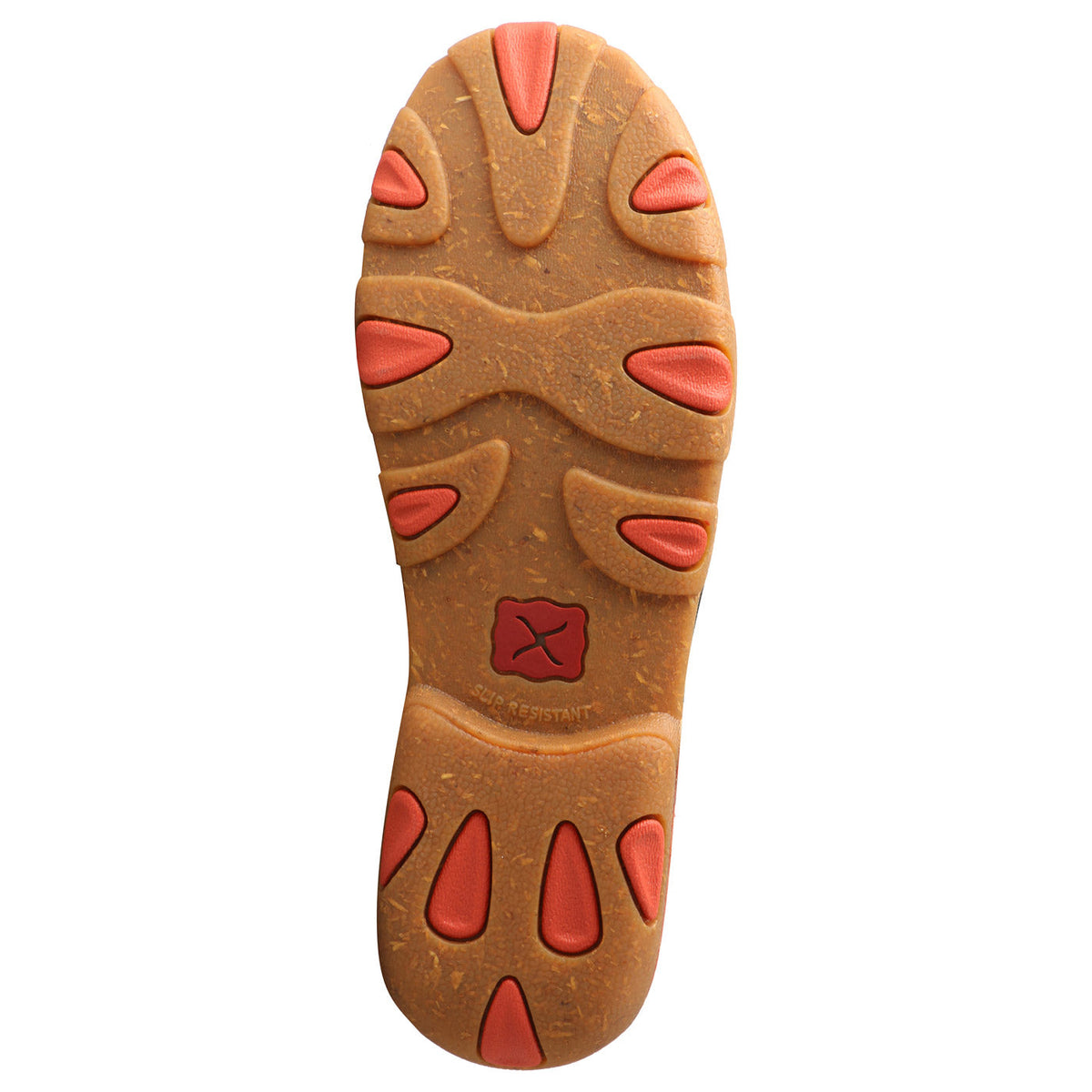 Allen's Bootery WDM0141 driving moc shoe outsole in coral and tan with slip-resistant rubber and rice husk texture