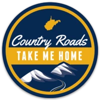 Allen's Bootery Country Roads Take Me Home circular sticker with West Virginia map, mountains, and blue-gold design.