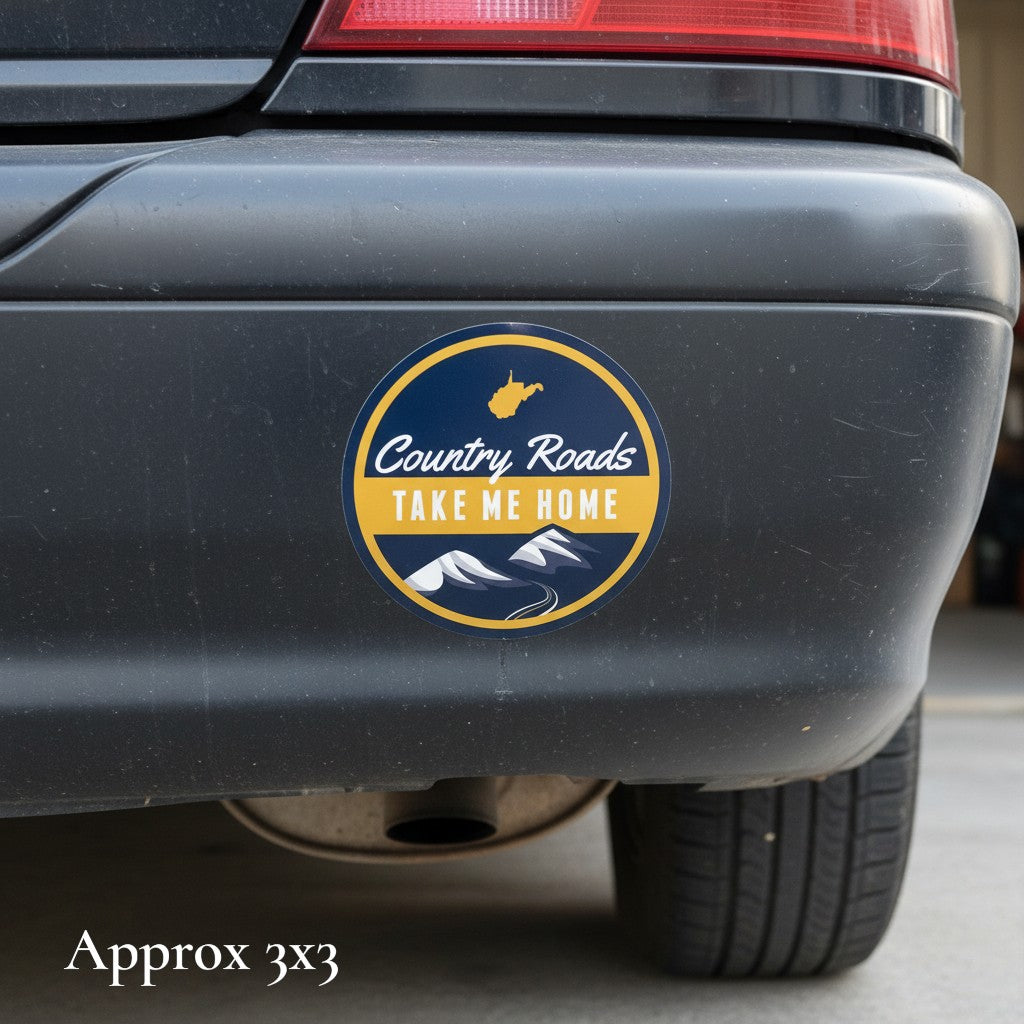 Allen's Bootery round Country Roads sticker with mountain graphic and West Virginia map on a car bumper