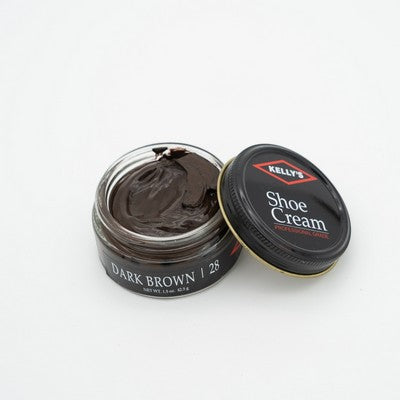 Allen's Bootery Kelly's dark brown leather shoe cream in an open glass jar with a black lid for restoring leather