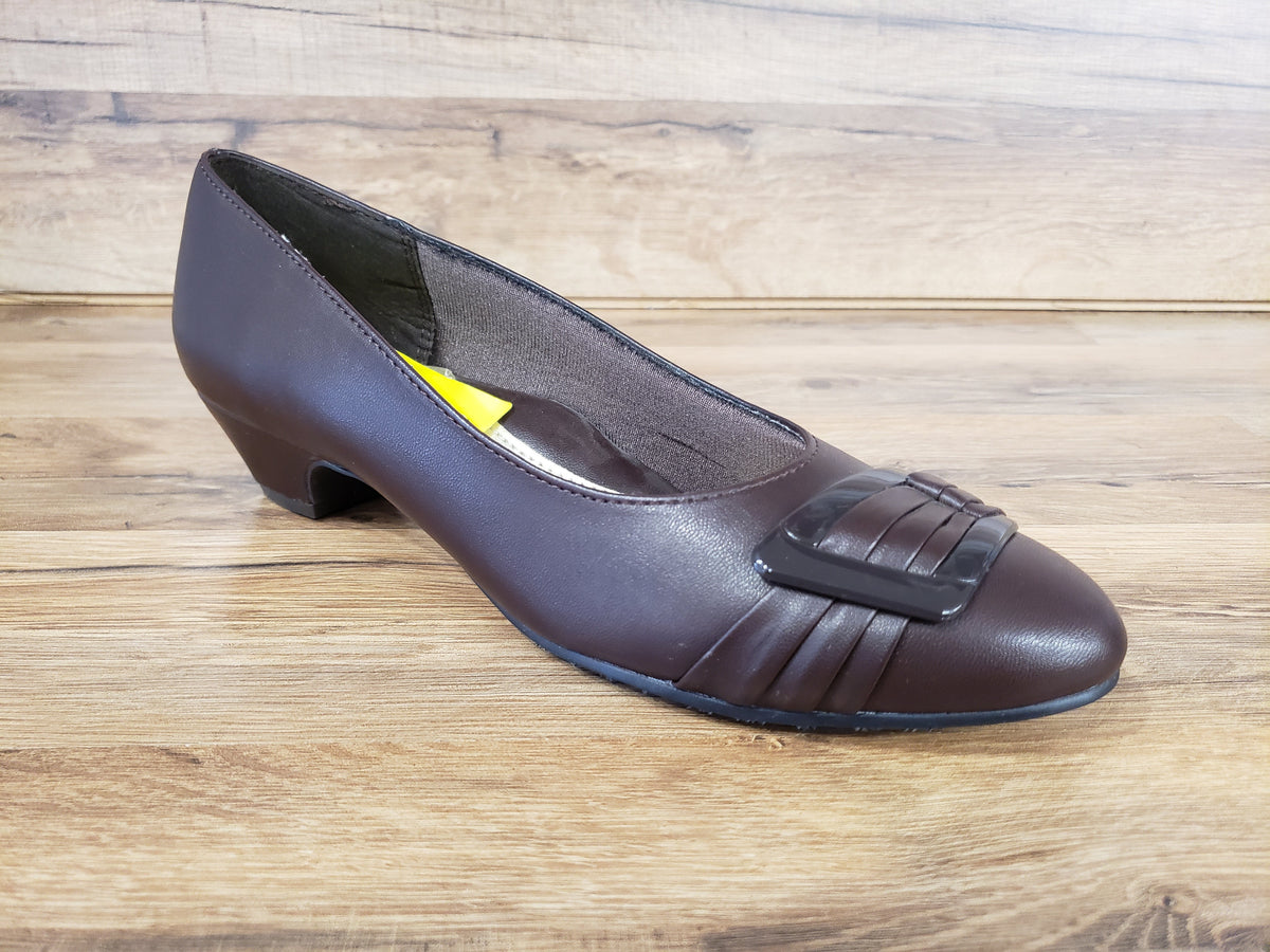 Allen's Bootery dark brown closed-toe pump with a pleated toe, decorative buckle, and comfortable low heel.