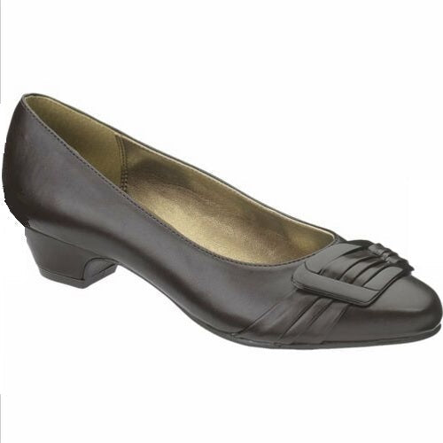 Allen's Bootery dark brown round-toe pump with pleated toe detail, buckle ornament, and low comfortable heel.