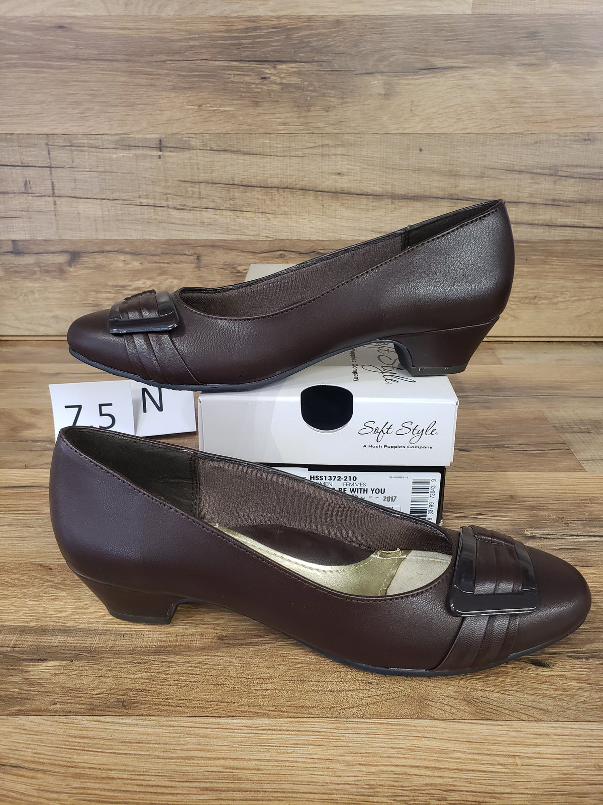 Allen's Bootery dark brown Pleats Be With You pumps with a round toe, buckle detail, and low heel.