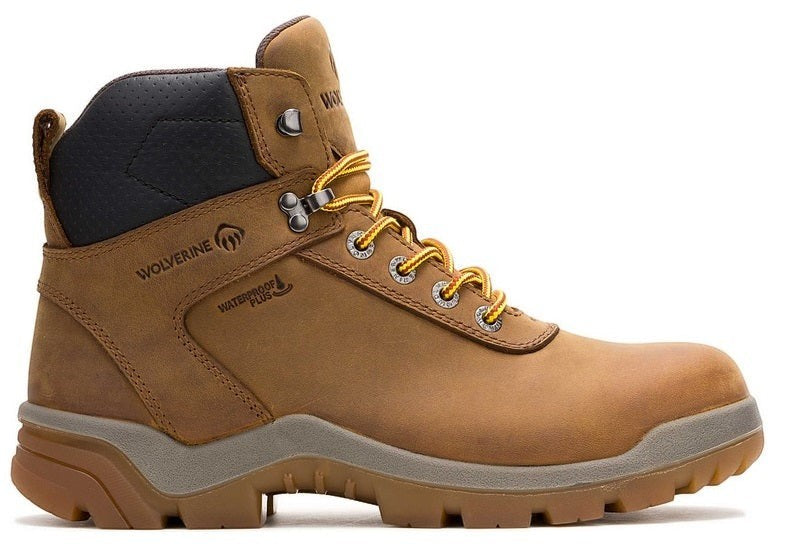 Allen's Bootery dark tan waterproof leather work boot with composite toe, yellow laces, and durable TPU lug outsole.