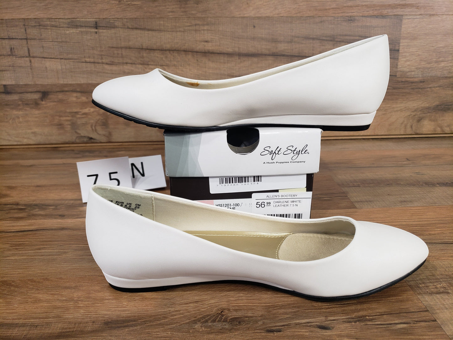 Allen's Bootery Darlene white leather flat shoes with a low wedge heel and synthetic sole