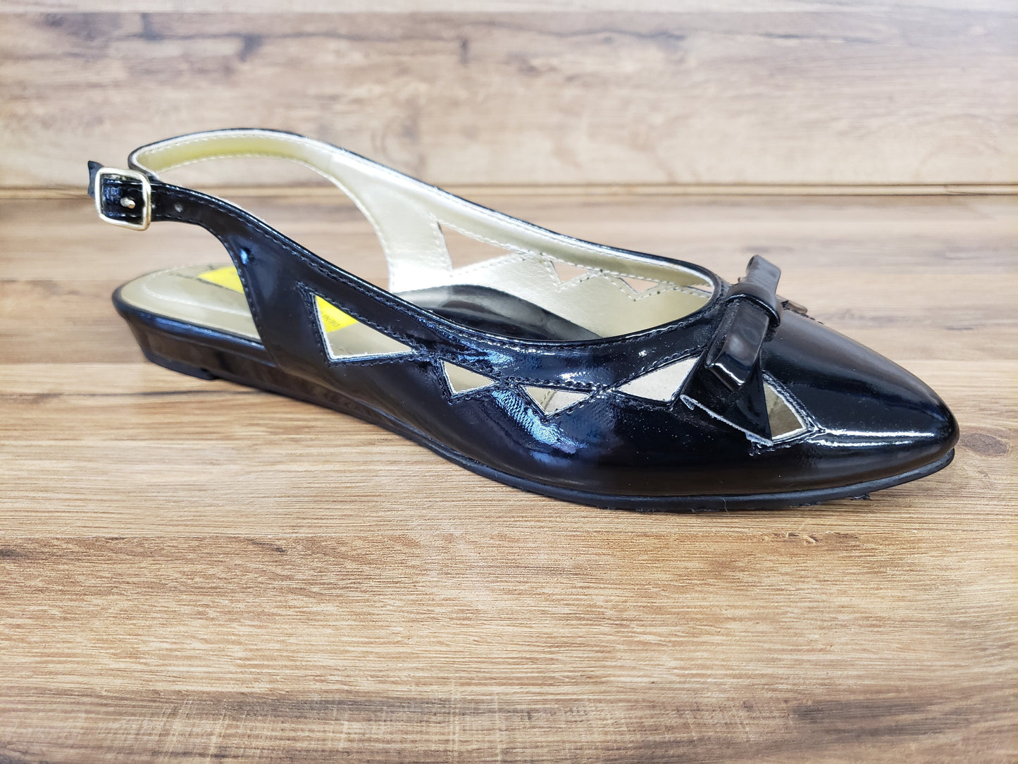 Allen's Bootery Deni black patent leather slingback flat dress shoe with buckle closure and bow detail