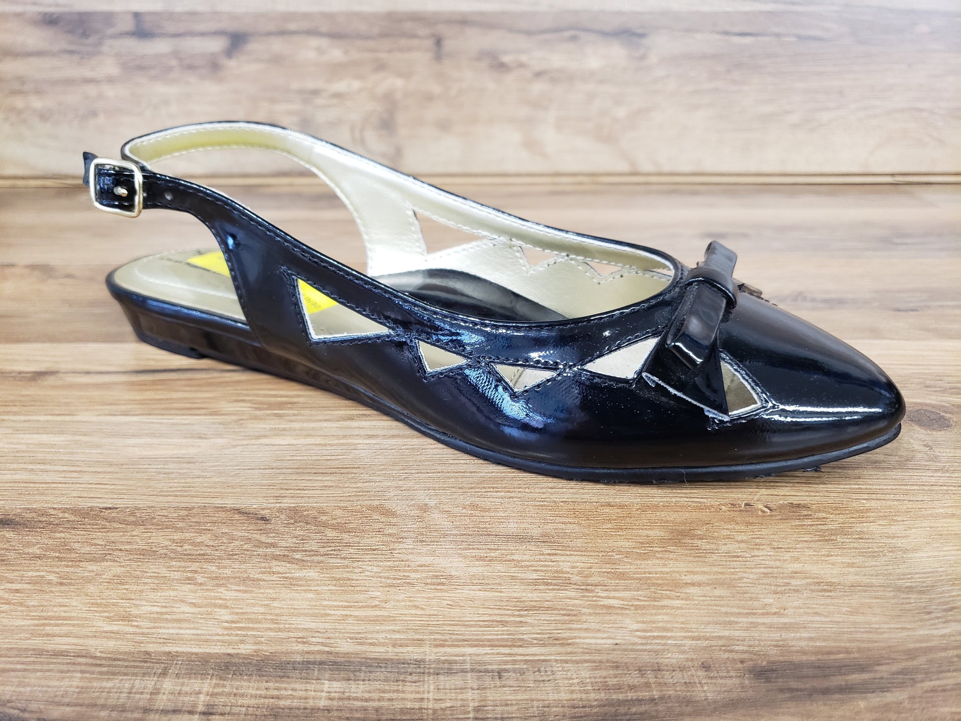 Allen's Bootery Deni black patent leather slingback flat dress shoe with buckle closure and bow detail