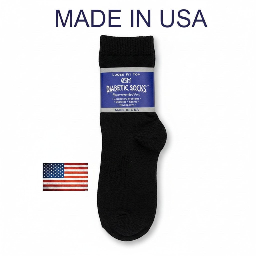 Allen's Bootery black diabetic ankle socks with loose fit top and cushioned sole. Made in USA.