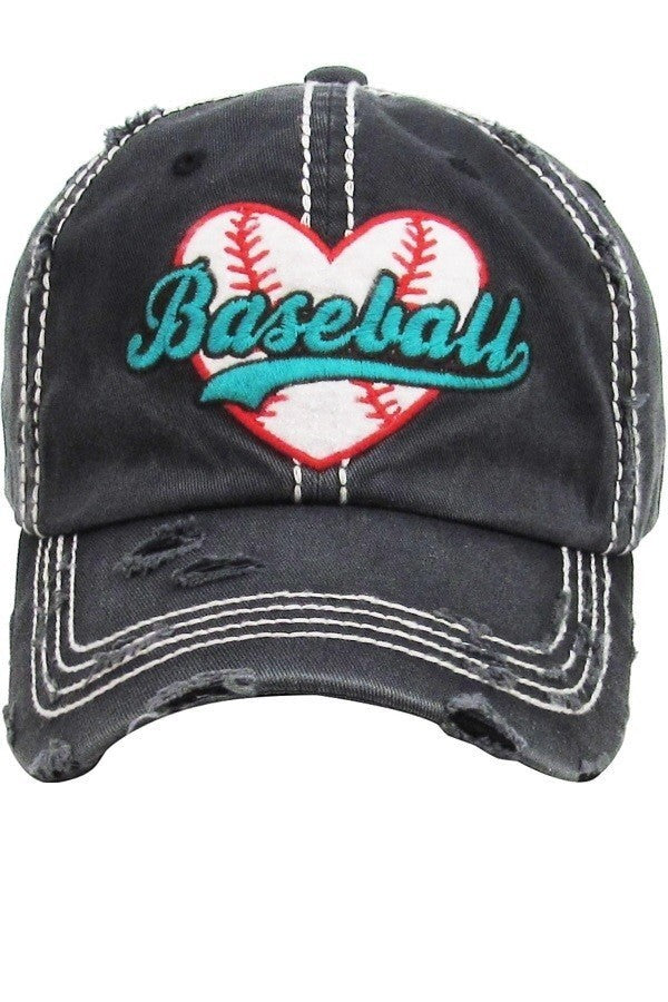 Allen's Bootery distressed black baseball cap with a heart-shaped baseball graphic and teal embroidered text