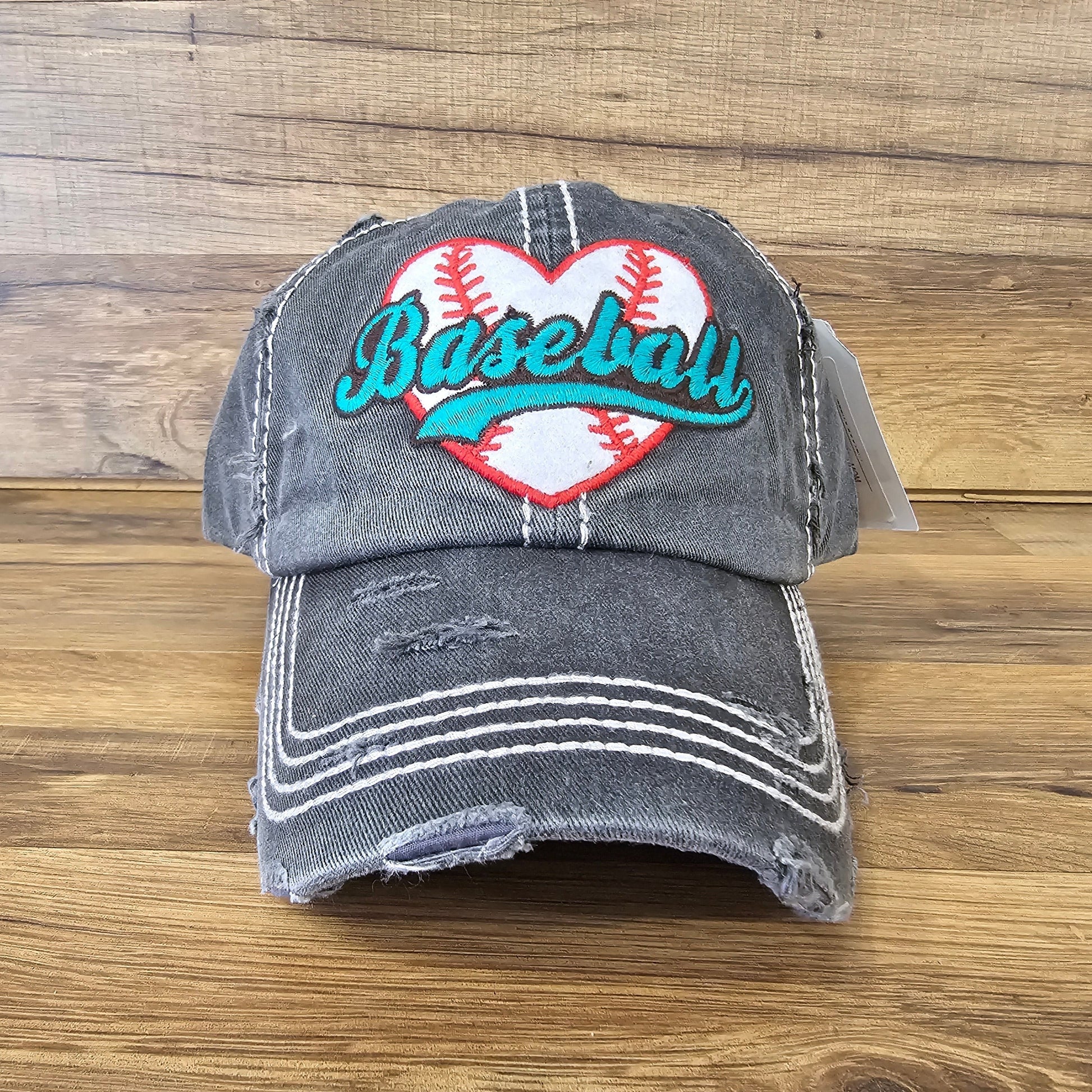 Allen's Bootery distressed charcoal grey baseball cap with a heart-shaped baseball patch and teal embroidery.