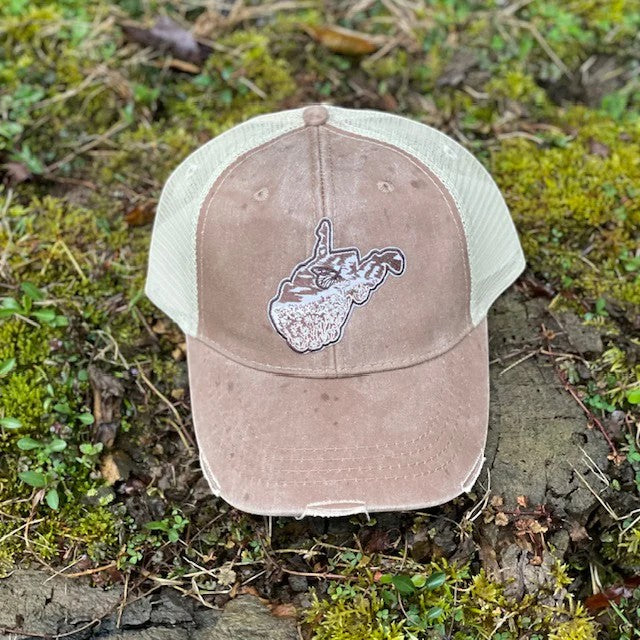 Allen's Bootery distressed brown trucker hat with a mesh back and a monarch butterfly patch on the front.