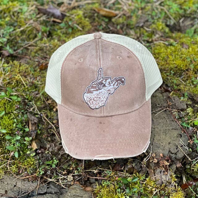 Allen's Bootery distressed brown trucker hat with a mesh back and a monarch butterfly patch on the front