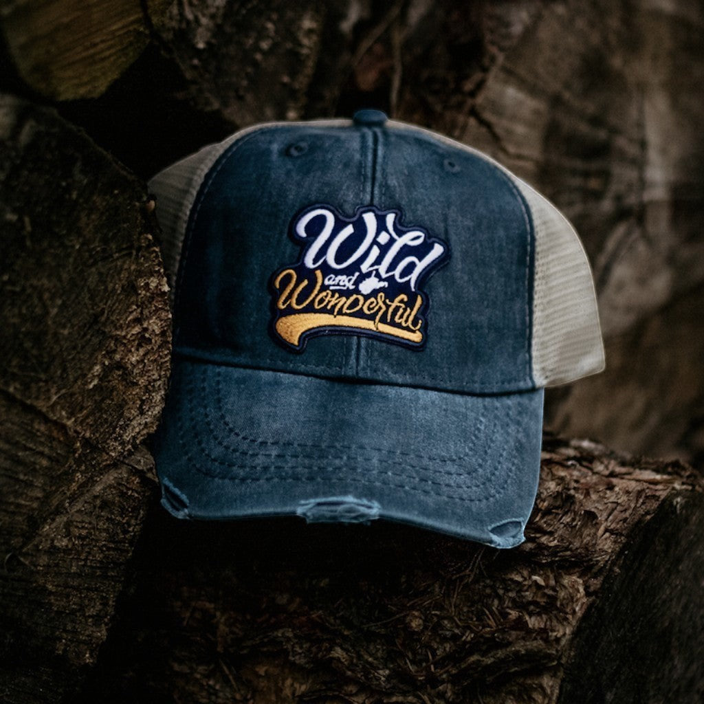 Allen's Bootery distressed blue denim trucker hat with a Wild & Wonderful embroidered patch and mesh back.