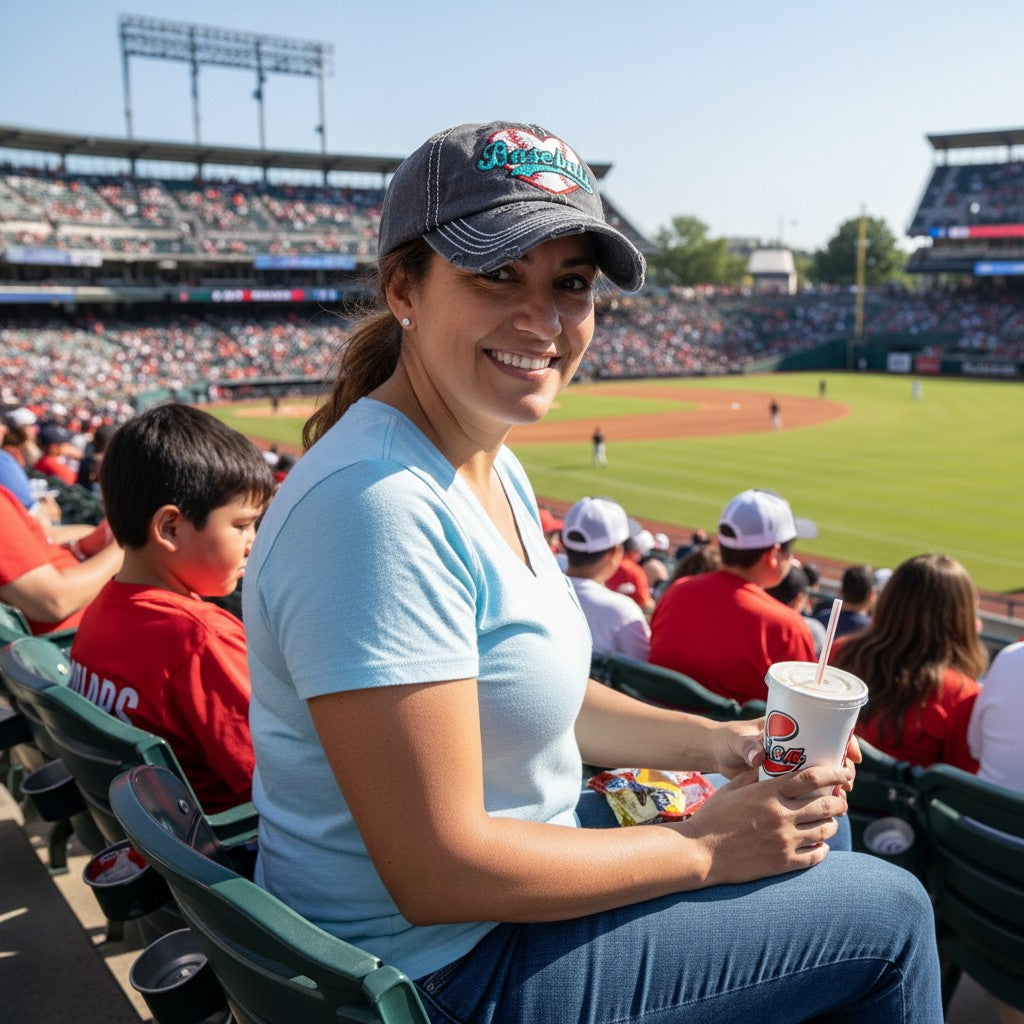 Allen's Bootery distressed grey baseball mom hat worn by a woman at a stadium during a game