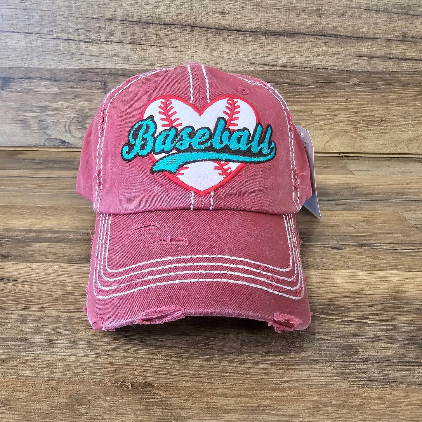 Allen's Bootery distressed red baseball mom hat with a white heart and baseball stitch embroidery