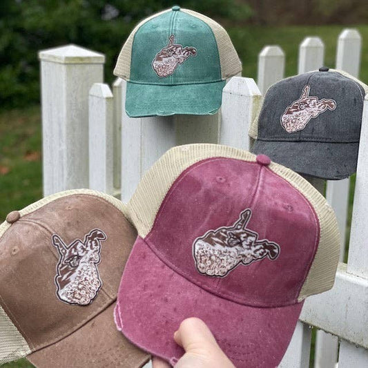 Allen's Bootery distressed trucker hats with West Virginia butterfly patches in green, grey, brown, and maroon.