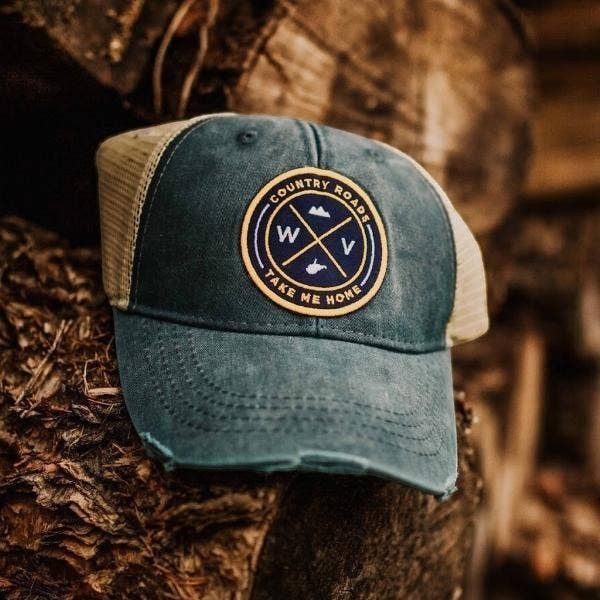 Allen's Bootery distressed blue trucker hat with tan mesh back and West Virginia Country Roads patch