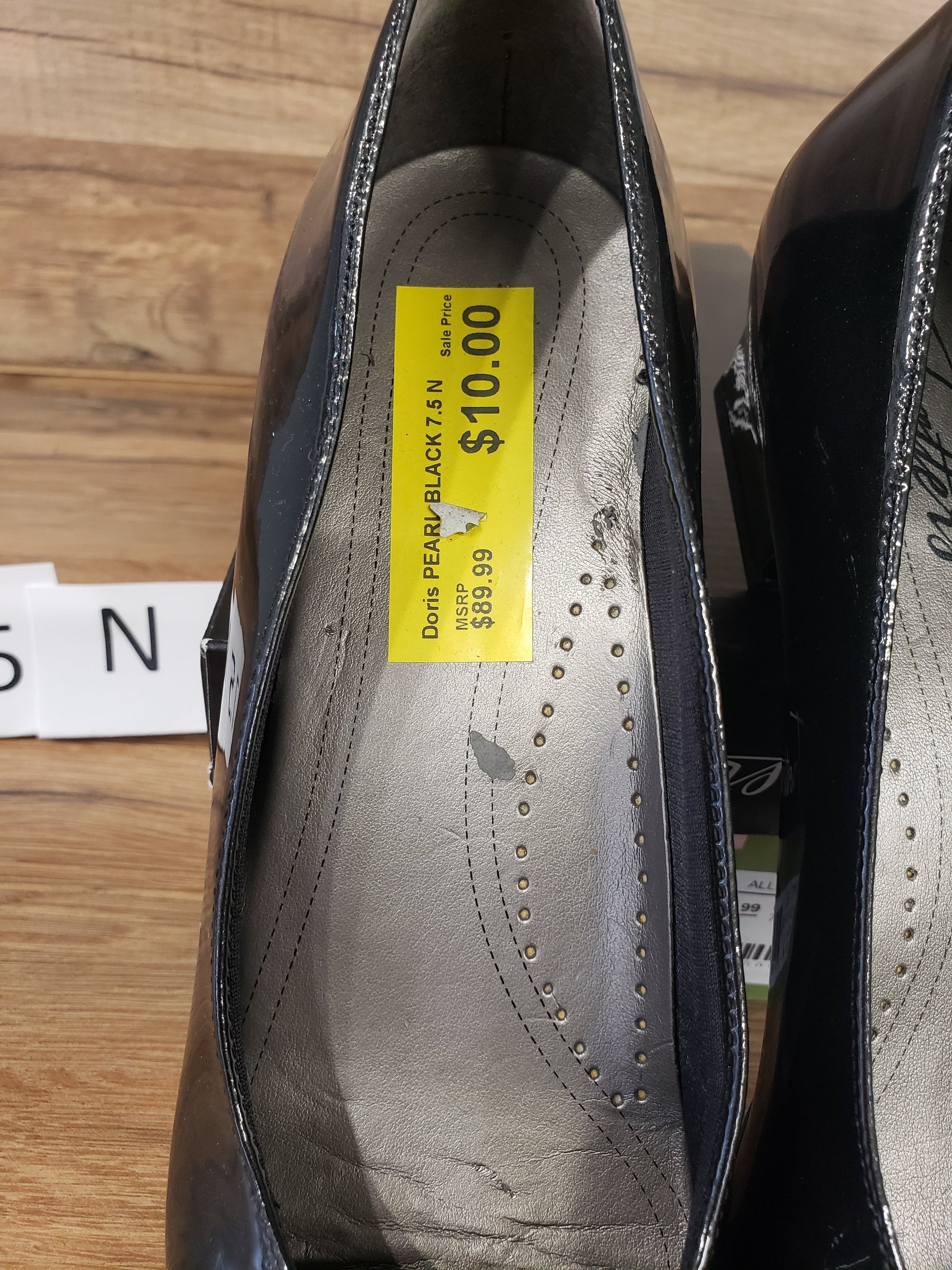 Allen's Bootery Doris black pearl patent leather pumps with cushioned footbed and v-gore center vamp detail