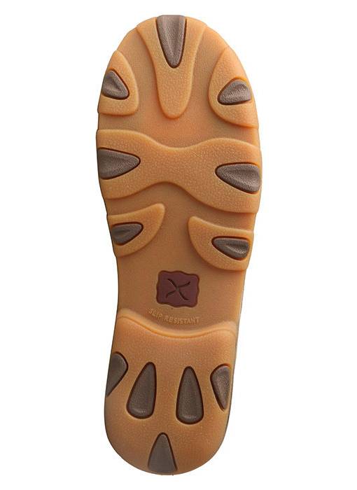 Allen's Bootery Twisted X driving moc shoe featuring a brown slip-resistant molded rubber outsole with tread pattern