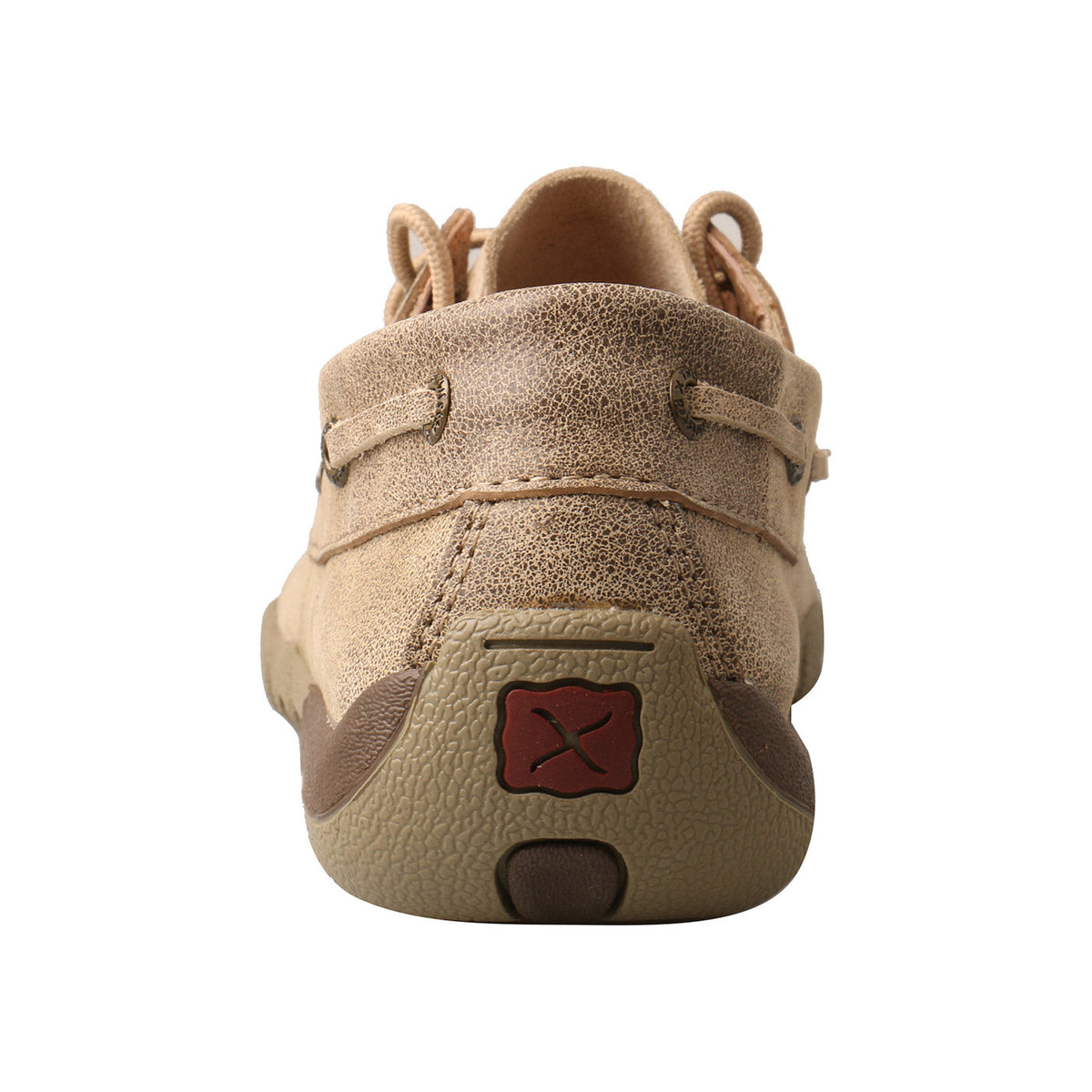 Allen's Bootery dusty tan full-grain leather driving moccasins with a durable molded rubber heel and logo detail.