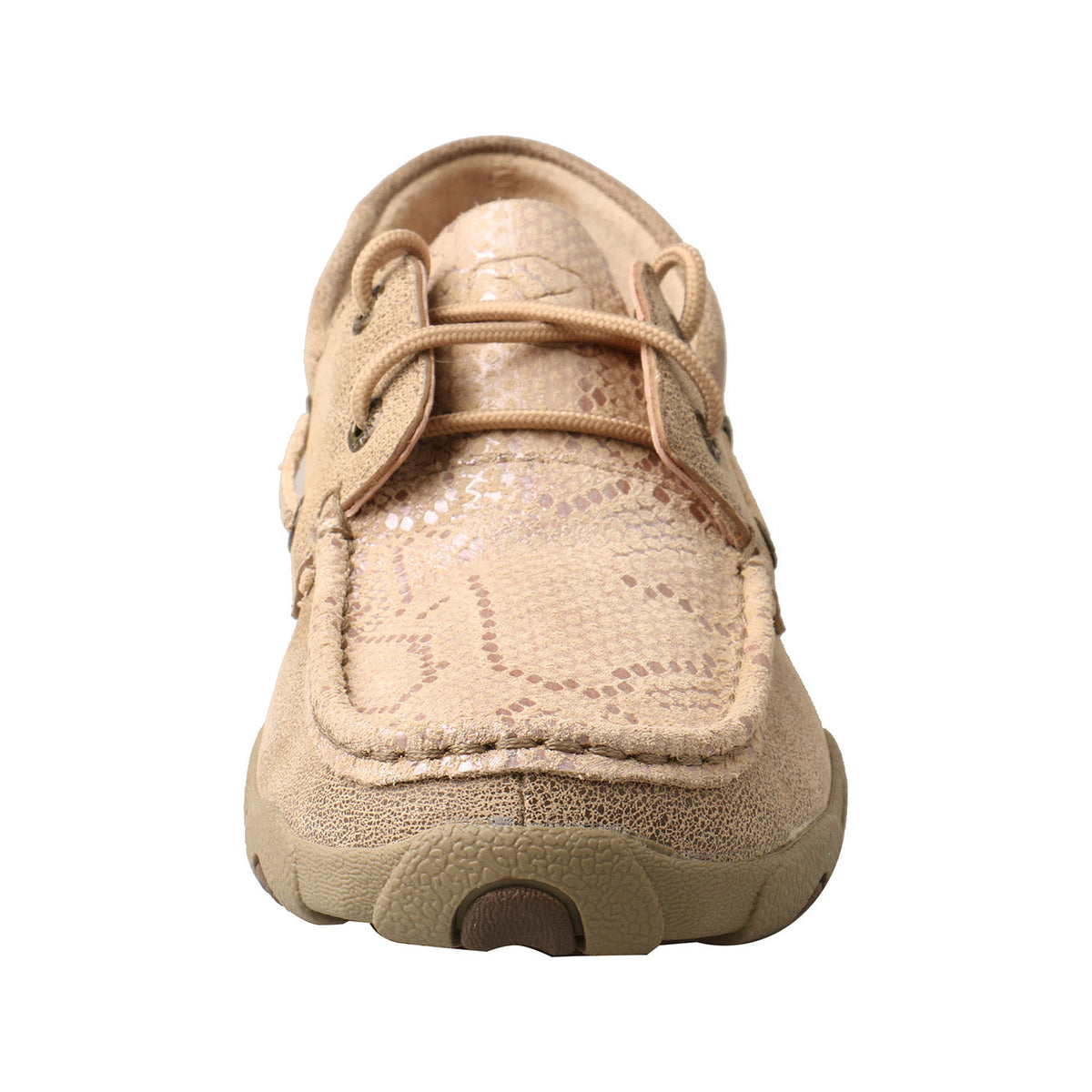 Allen's Bootery dusty tan full-grain leather driving moccasins with a textured snake-print pattern and rubber outsole.