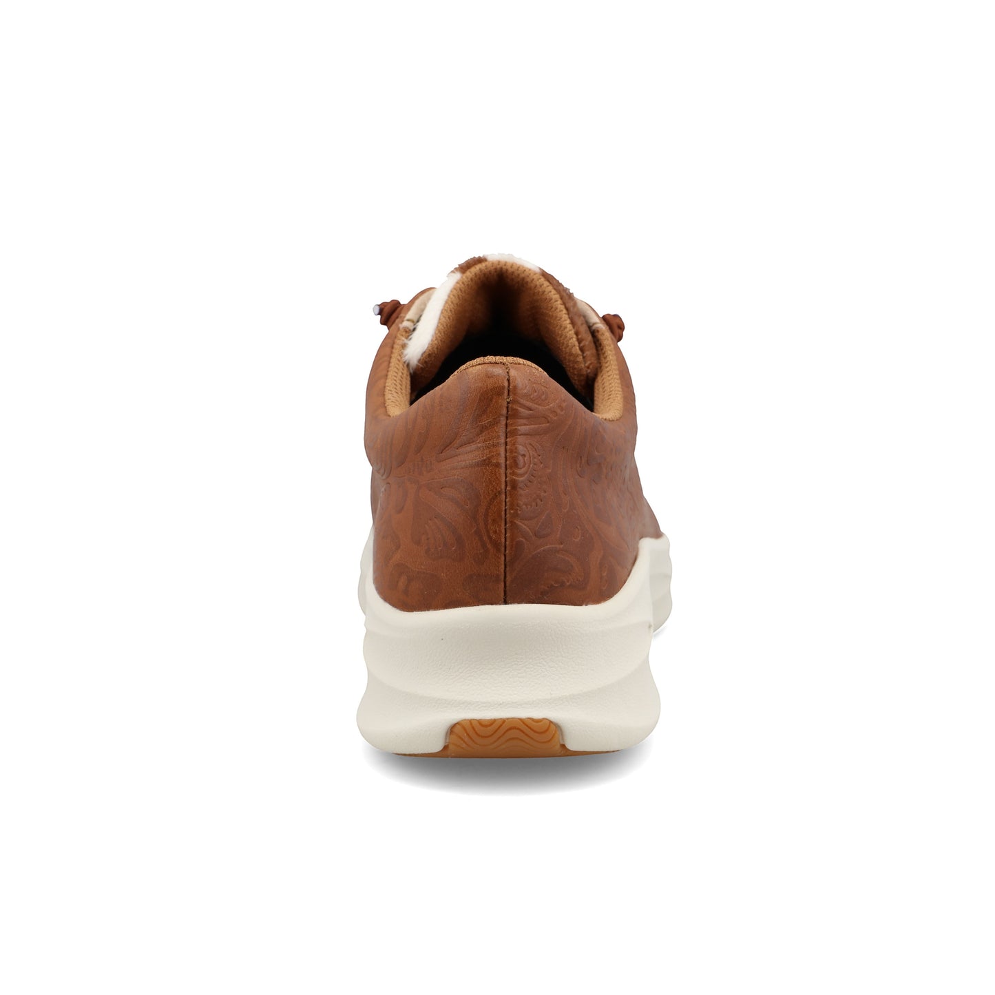 Allen's Bootery Feather X casual shoe with brown tooled leather upper, cowhide vamp, and white sole.