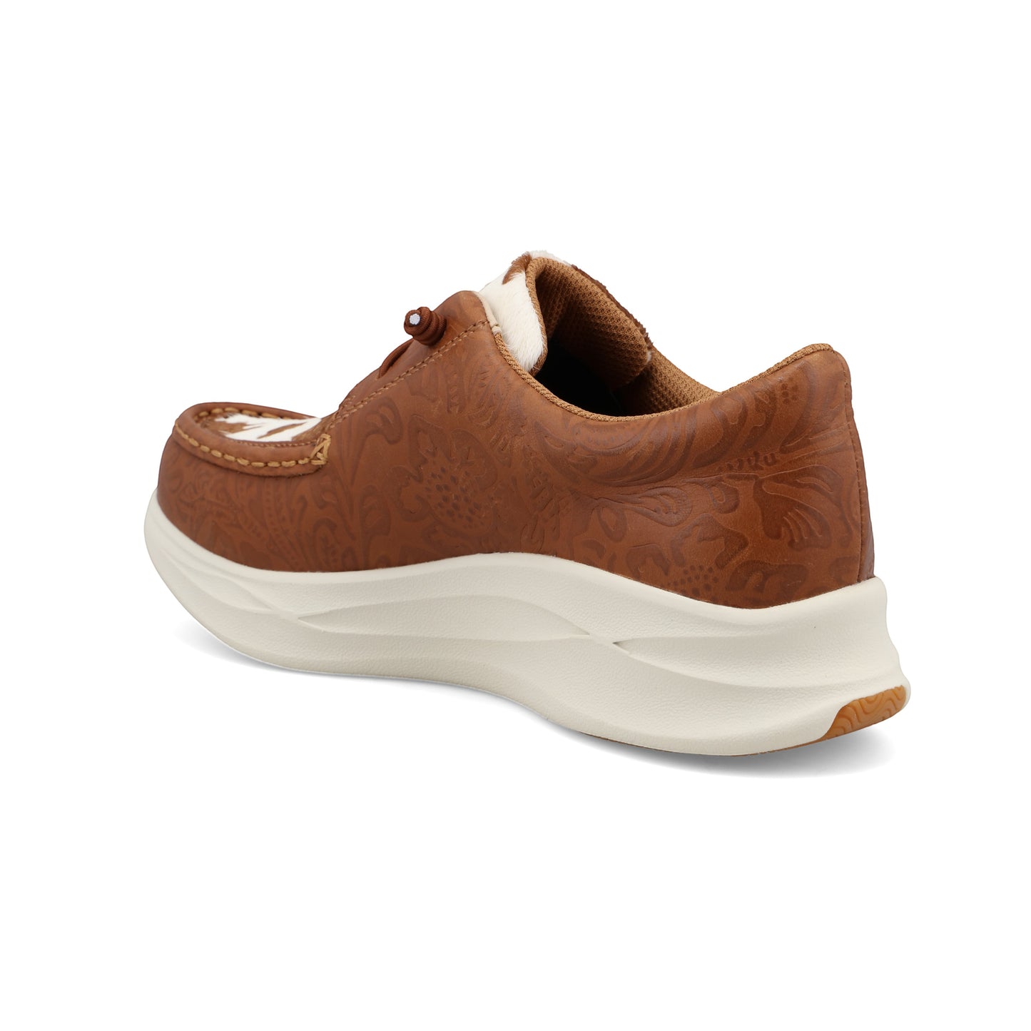 Allen's Bootery Feather X casual shoe in brown tooled leather and cowhide with white accents and a white sole.