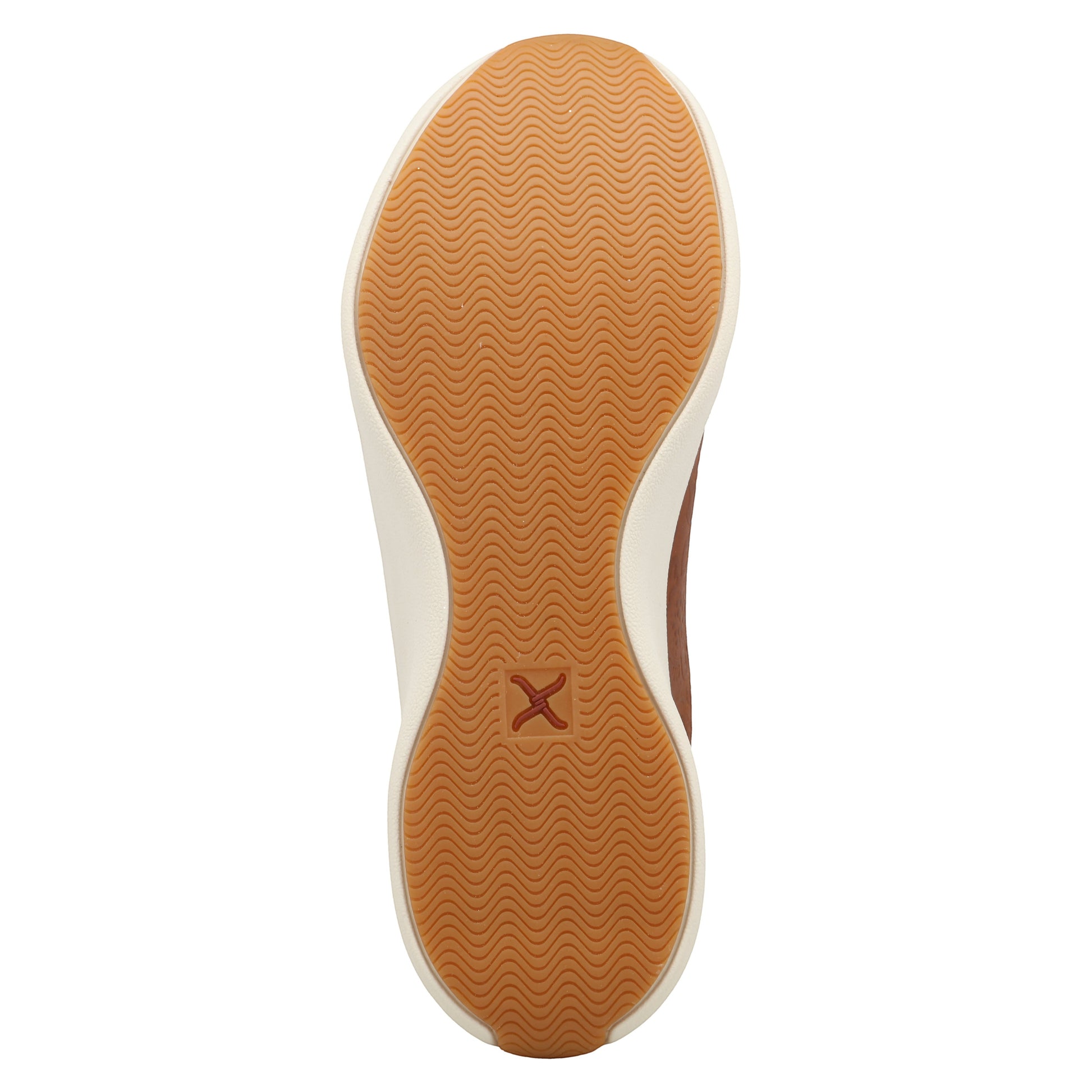 Allen's Bootery Feather X casual shoe with brown cowhide vamp and tan sole. Slip-on design.
