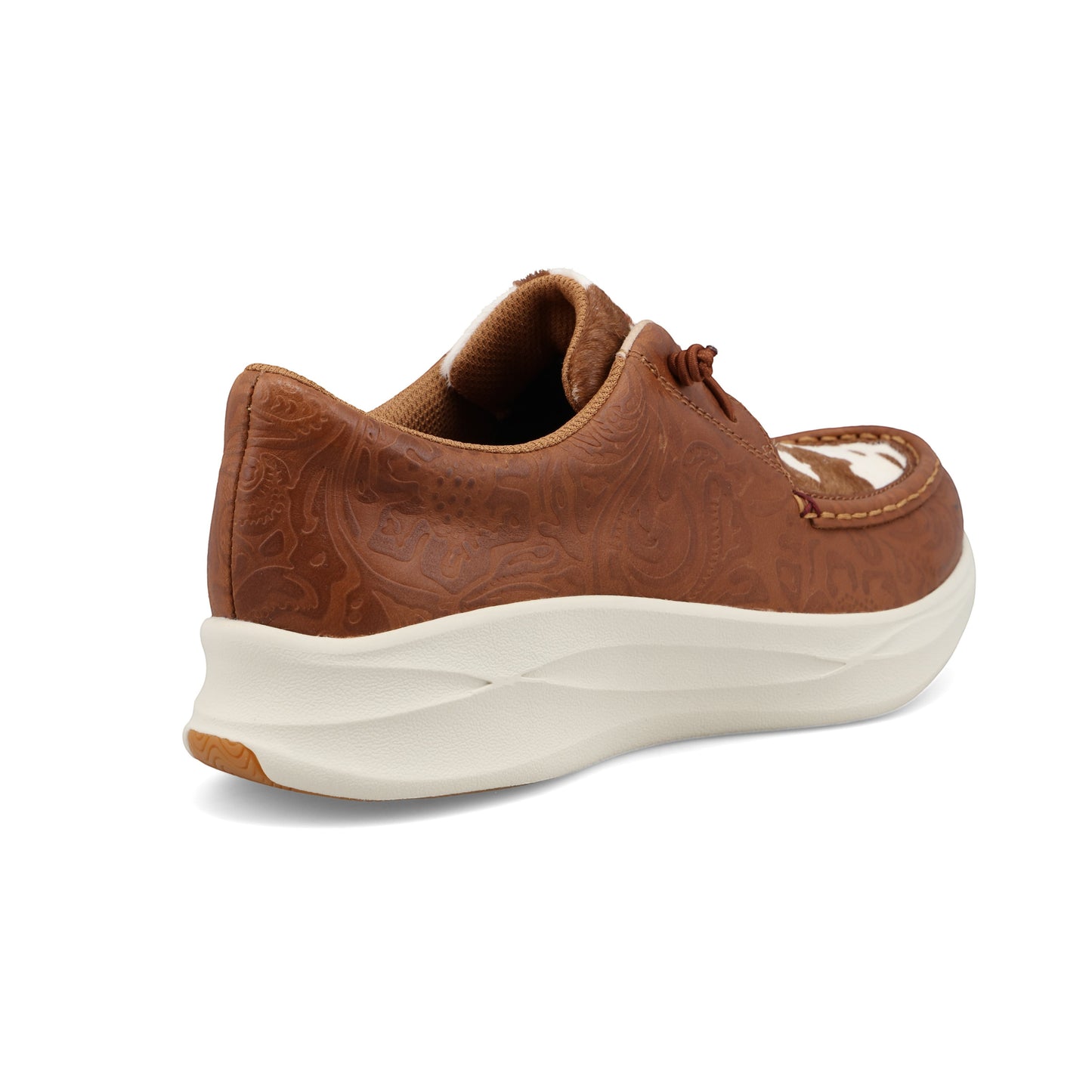 Allen's Bootery Feather X casual shoe with tooled brown leather upper, cowhide vamp, and white sole.