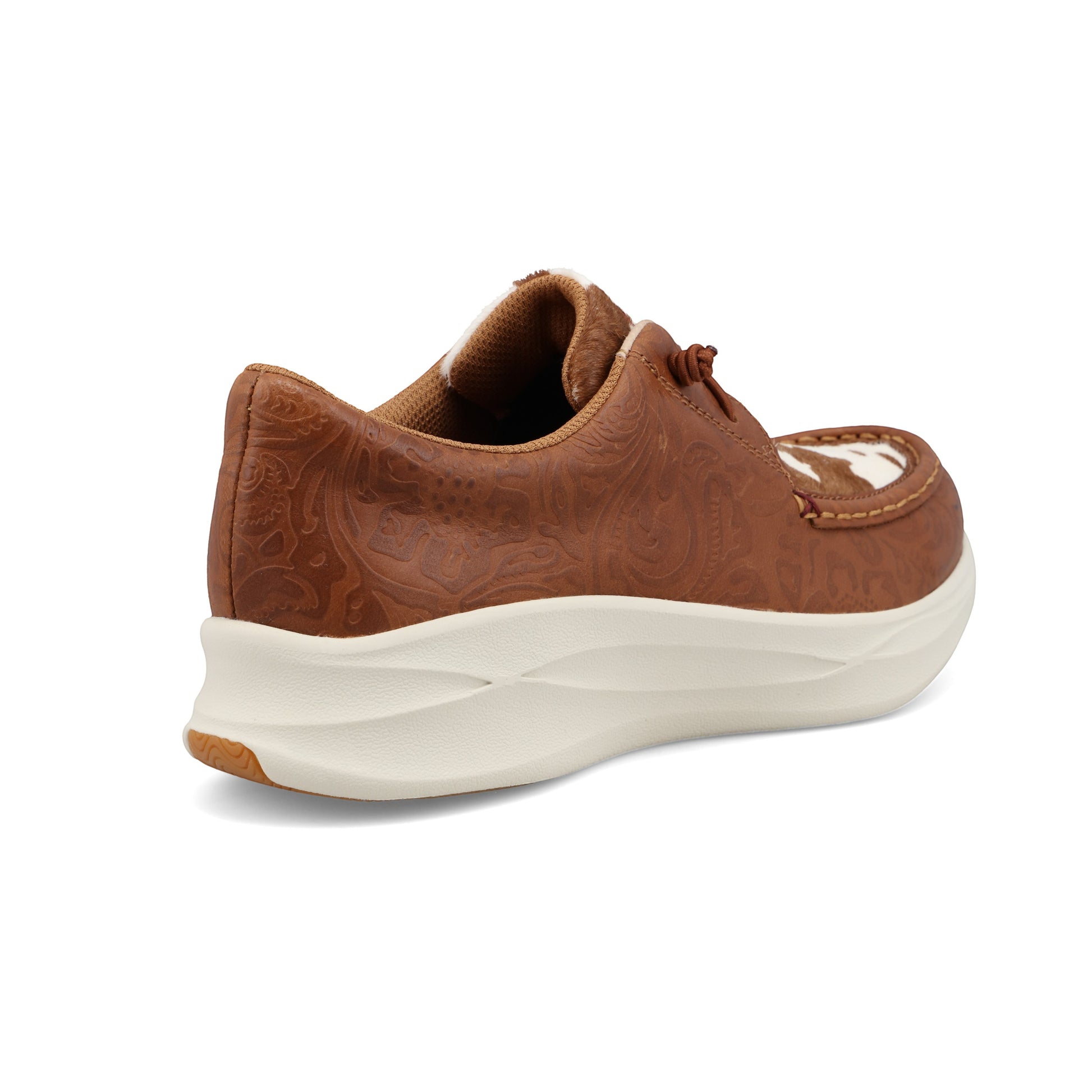 Allen's Bootery Feather X casual shoe with tooled brown leather upper, cowhide vamp, and white sole.