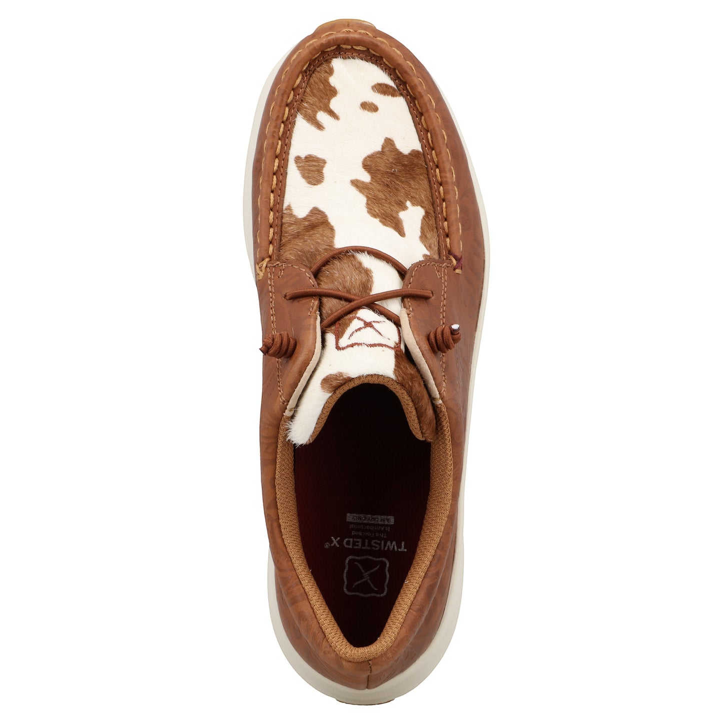 Allen's Bootery Feather X casual shoe with cowhide vamp and brown leather upper. Features elastic laces and a white sole.