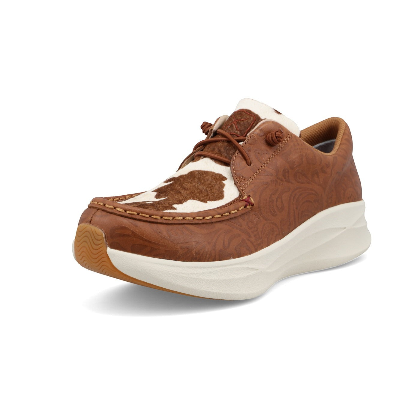 Allen's Bootery Feather X casual shoe with cowhide vamp and tooled brown leather upper. Slip-on design.