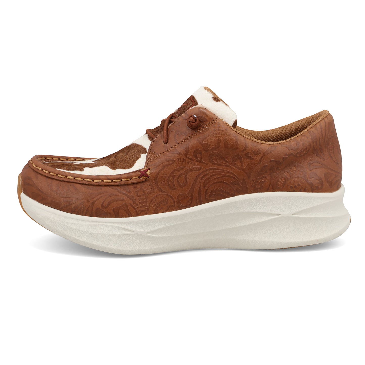 Allen's Bootery Feather X casual shoe with cowhide vamp and tooled leather upper in brown patina.