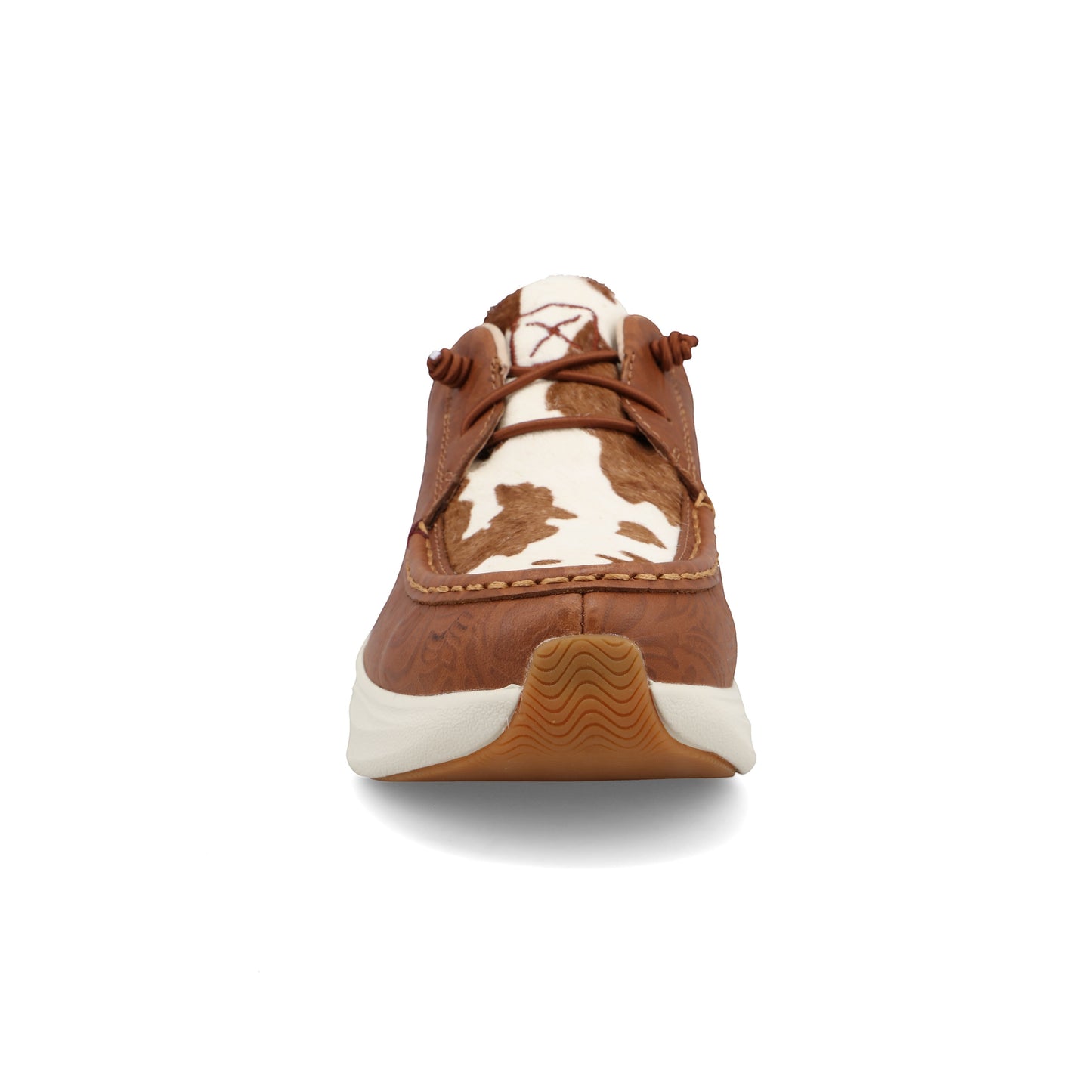 Allen's Bootery Feather X casual shoe with cowhide vamp and tooled leather upper in brown and white.