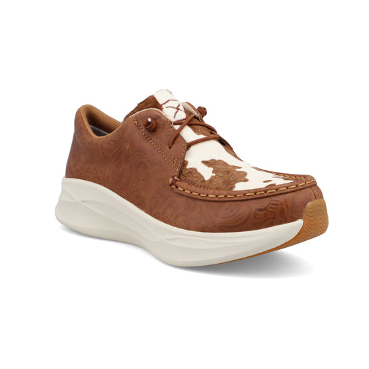 Allen's Bootery Feather X casual shoe with cowhide vamp and tooled leather upper in brown and white.