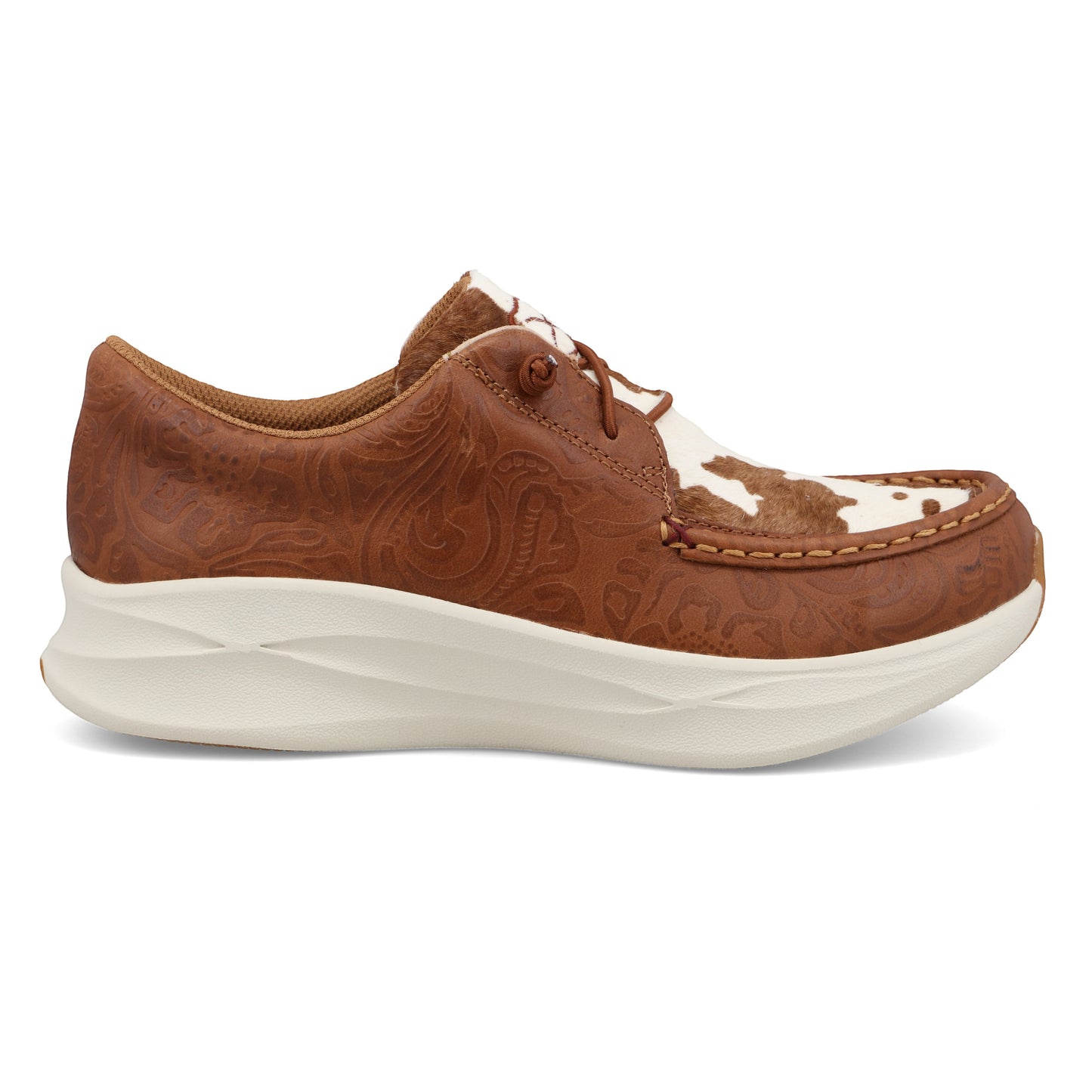 Allen's Bootery Feather X casual shoe with brown tooled leather and cowhide vamp, white sole.