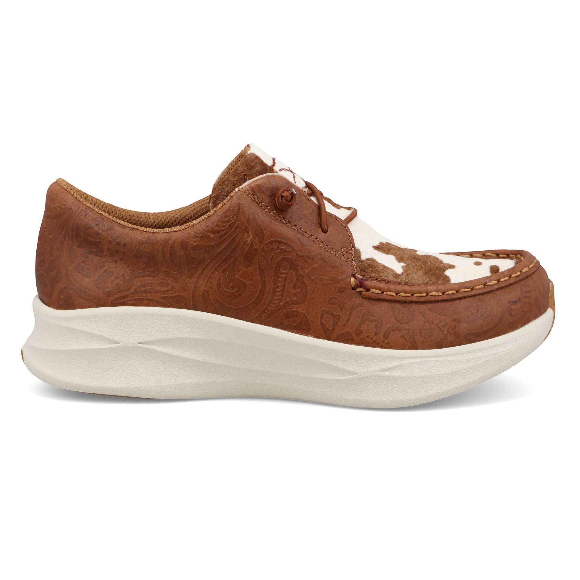 Allen's Bootery Feather X casual shoe with brown tooled leather and cowhide vamp, white sole.