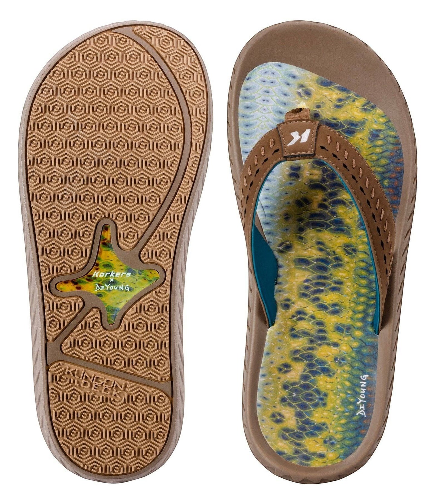 Allen's Bootery Men's Fish Flip sandals with brown straps and a vibrant yellow and blue fish print footbed. Non-marking rubber sole.
