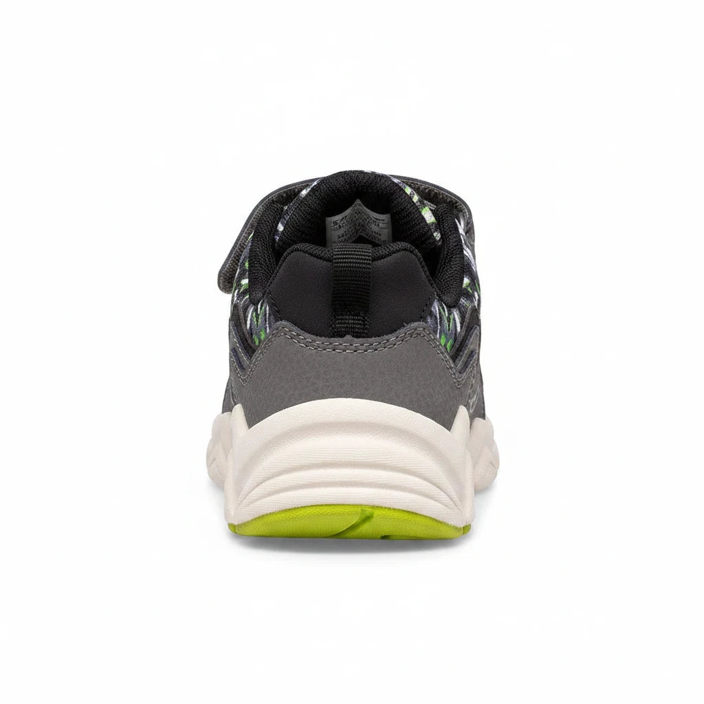 Allen's Bootery little kid's sneaker in grey and flash camo with a white EVA midsole and lime green traction sole