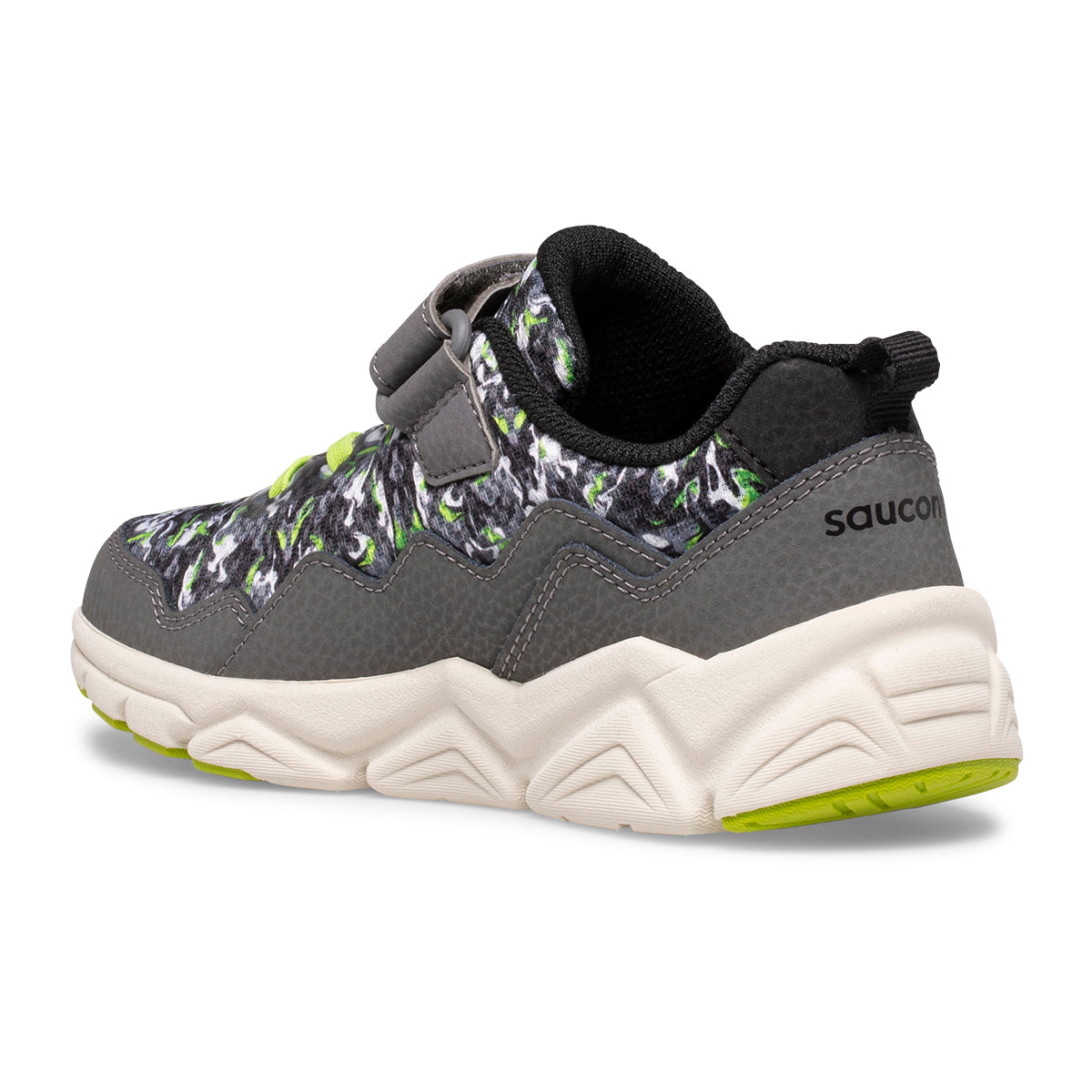 Allen's Bootery little kid's sneaker in flash camo and grey with a durable leather toe cap and EVA cushioned midsole.