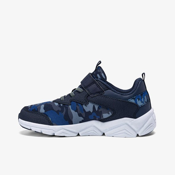 Allen's Bootery Little Kid's Flash LE navy and blue camouflage sneakers with white soles and hook-and-loop closure.